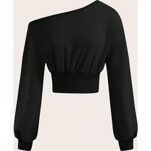 Solid Asymmetrical Crop Sweatshirt, långärmade toppar - Svart (L,M,S,XS)