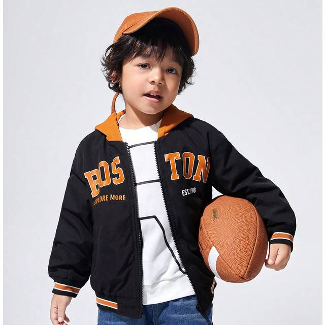 Ung pojke Text Grafik Randig Kant Teddyfodrad Huva Jackor utan Tröja - Svart (6Y,7Y,4Y,5Y,3-4Y)