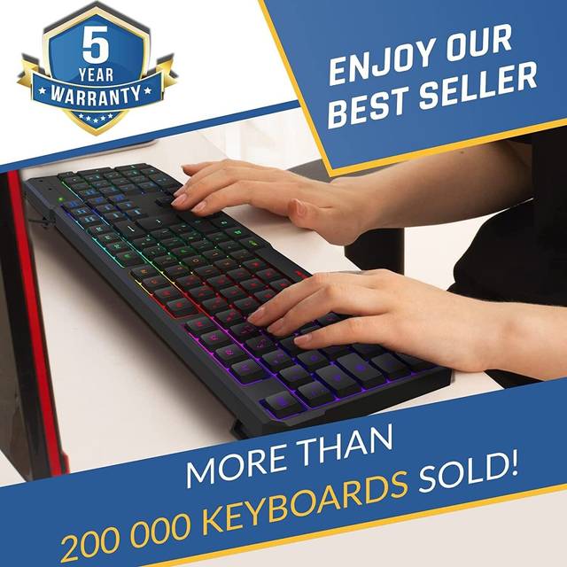 KLIM Chroma Backlit Gaming Keyboard ENGLISH LAYOUT - Wired USB - Led Rainbow Lighting - Ergonomic, Quiet, Water Resistant - Black RGB PC Windows...