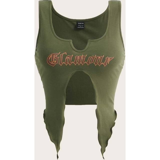 SHEIN Letter Graphic Split Hem Summer Green Tank Top