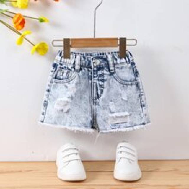 SHEIN Young Girl Simple Daily Boho Street Casual Destroy Raw Hem Elastic Waist  Denim Shorts