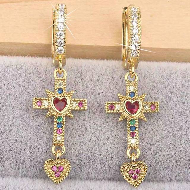 SHEIN 1pair 18k Gold Plated Cross/Heart Design Dangle Earrings With Rhinestone Decoration Valentines,Mom,Mother,Mother&#39;s Day,Gift