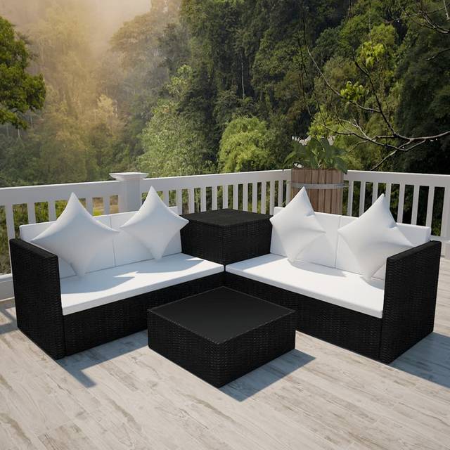 vidaXL Garden Lounge Set with Cushions 4 Piece Poly Rattan Black Sofa Table