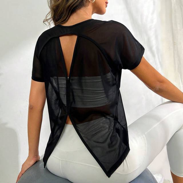 SHEIN Cut Out Split Back Sheer Sports Tee Without Bra Basic T Shirt