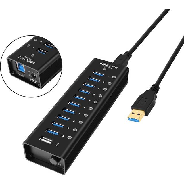 NÖRDIC powered 11-ports USB 3.0 HUB 5Gbps 1,2mm kabel aluminium svart med nätdel
