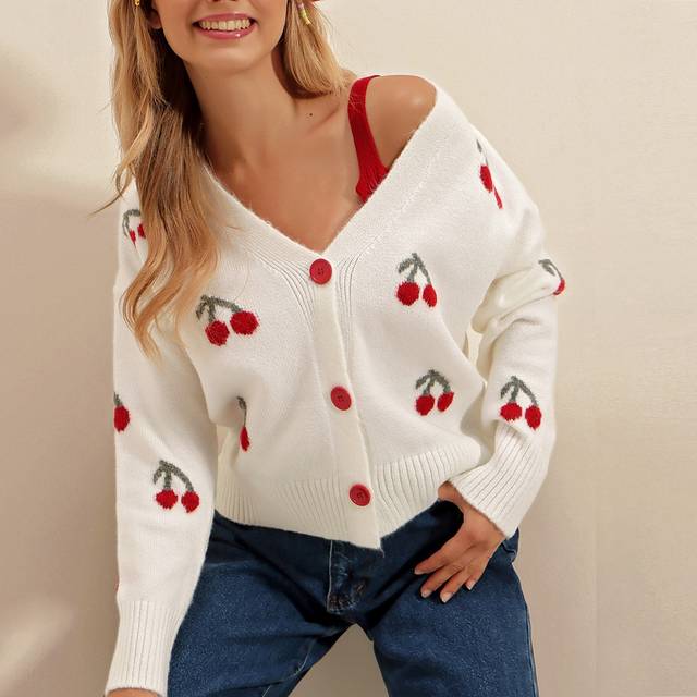 SHEIN Cherry Pattern Drop Shoulder Button Up Cardigan