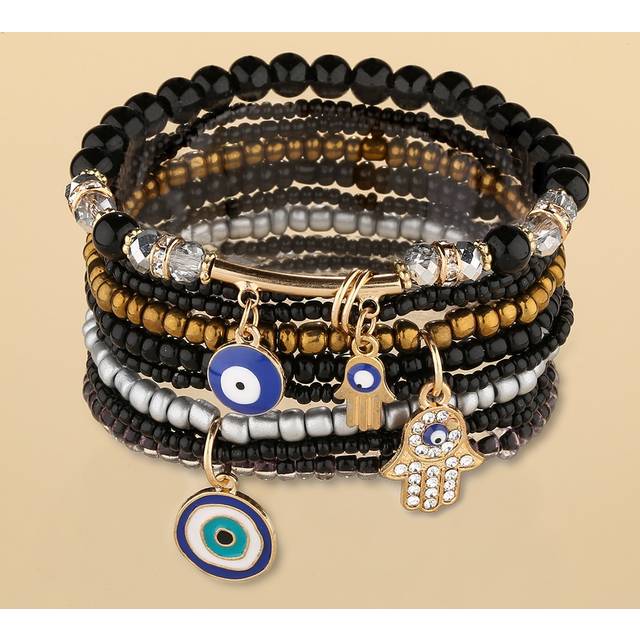SHEIN 3pcs Devil&#39;s Eye Shaped Glass Bead Charm & Black Seed Beaded Bracelet Set