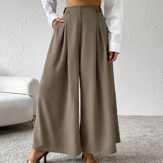 SHEIN Women High Waisted Fold Pleated Wide Leg Pants With Slant Pockets