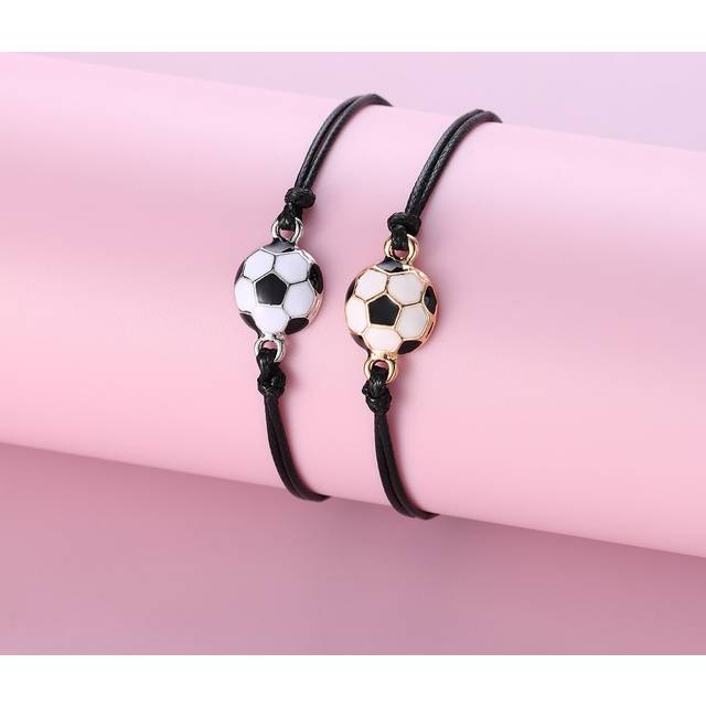 SHEIN 2pcs/Set Boys&#39; Football Element Zinc Alloy & Black Wax Cord Braided Bracelet With Adjustable Size For Daily Wear, Gift