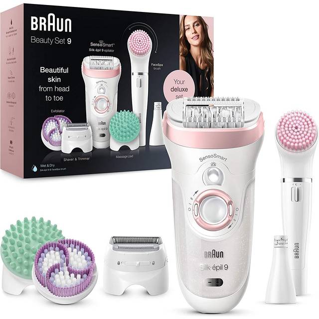 Braun Silk-épil Beauty Set 9 9-995 Deluxe 9-i-1 Sladdlös Wet & Dry Hårborttagning - Kit För Epilering, Rakning, Rengöring & Exfoliering För Kropp & Ansikte, Vit/Rosa