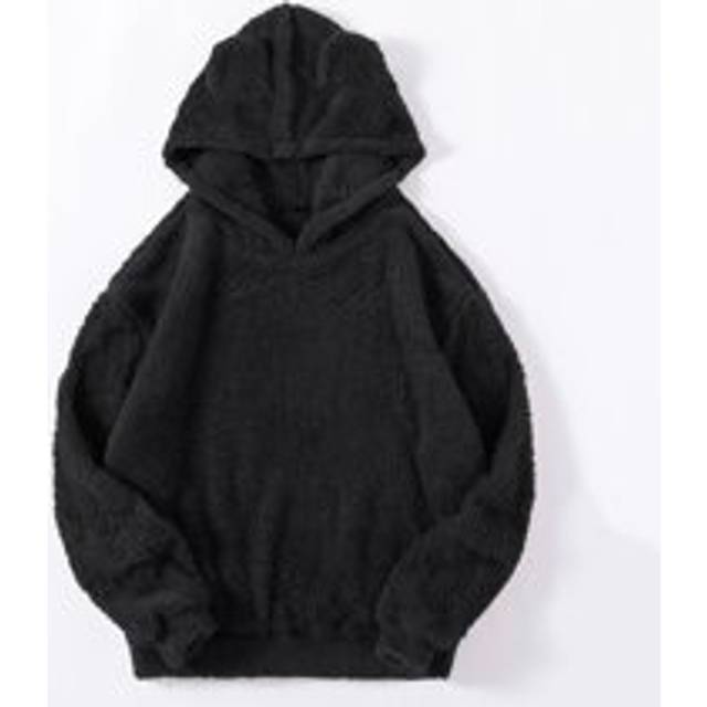 Drop Shoulder 3D Ear Teddy Hoodie, Långärmade Toppar - Svart (L,M,S,XL,XS,XXL)