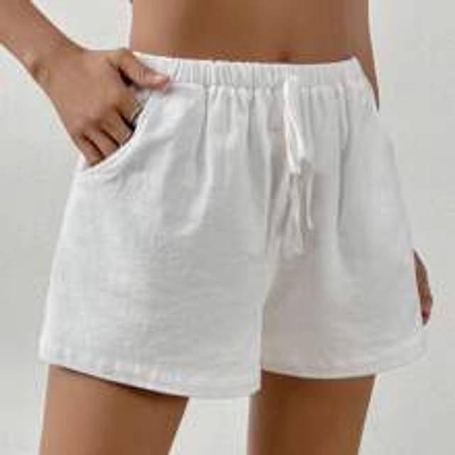 Comfortcana Women Solid Color Waist Tie Pocket Relaxed Casual Shorts
