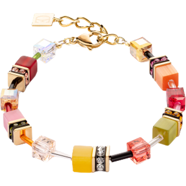 Coeur De Lion GeoCUBE Iconic Bracelet - Multicolour Indian Summer - Gold,Pink,Green,Orange - 18.5 cm + 3 cm extension chain, thickness 0.6cm