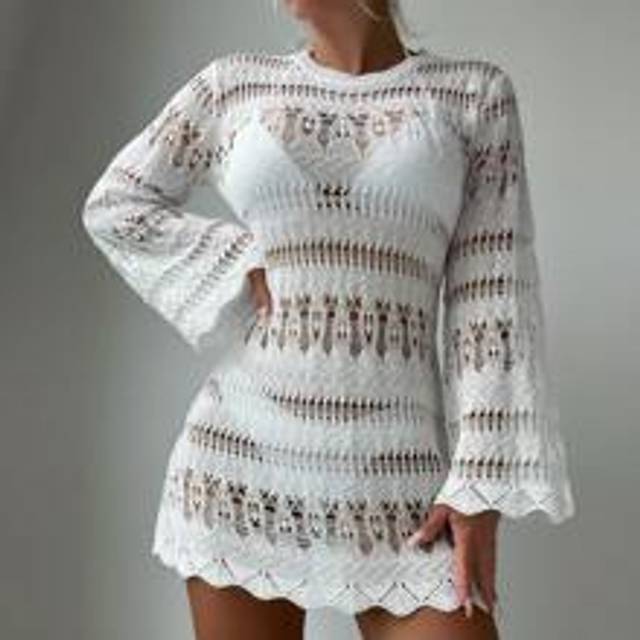 SHEIN Summer Beach Hollow Out Scallop Trim Flounce Sleeve Cover Up Dress