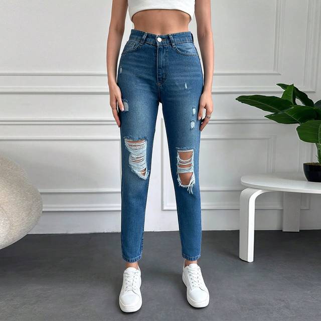 SHEIN High Waist Ripped Mom Fit Jeans