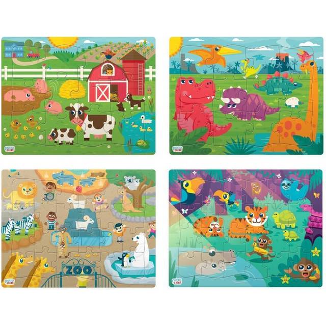 Chuckle & Roar - 4 Pack Tray Puzzles - Farm  Dinosaurs  Jungle  and Zoo - Larger Pieces Designed for Preschool Hands - 12 & 24 PC Tray Puzzles
