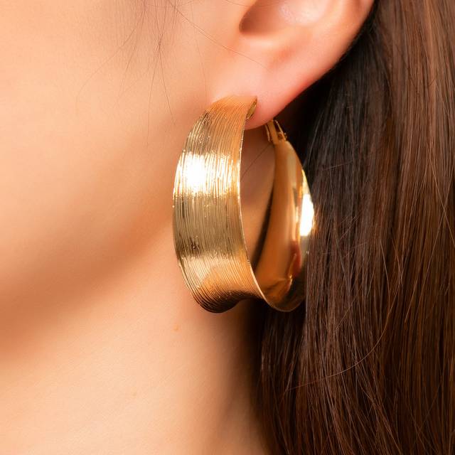SHEIN 1 Pair High-End Metal Textured Geometric Hoop Earrings For Women, Suitable For Night Club, Party Events