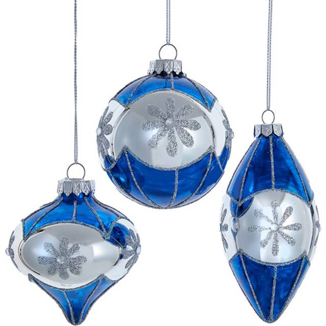 Kurt S. Adler GG1035 80 mm Glass Blue Snowflake Ball, Onion & Teardrop Shaped Ornament Set - 3 Piece