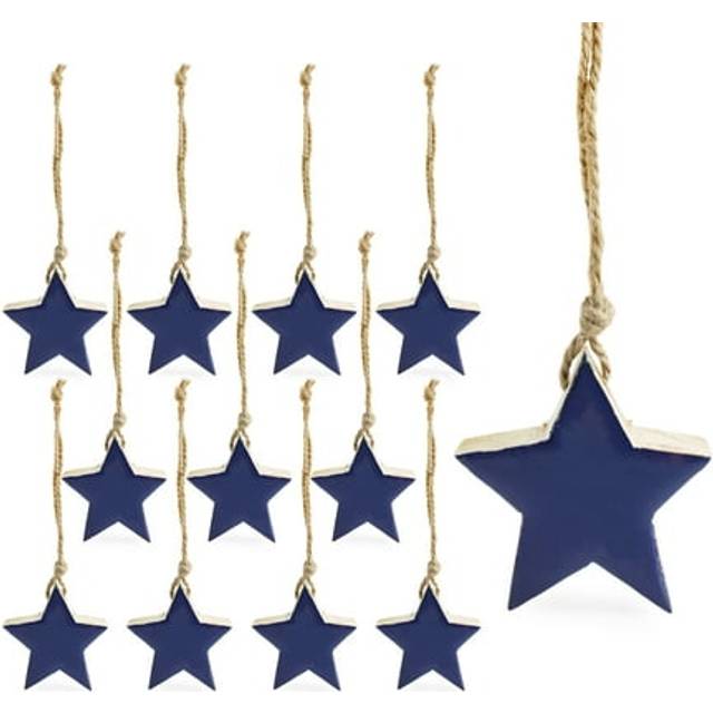 AuldHome Design Farmhouse Star Ornaments Blue, 12-Pack; Wood w/Navy Blue Enamel 2-Inch Mini Star Christmas Decorations, Retro Vintage Enamelware Style