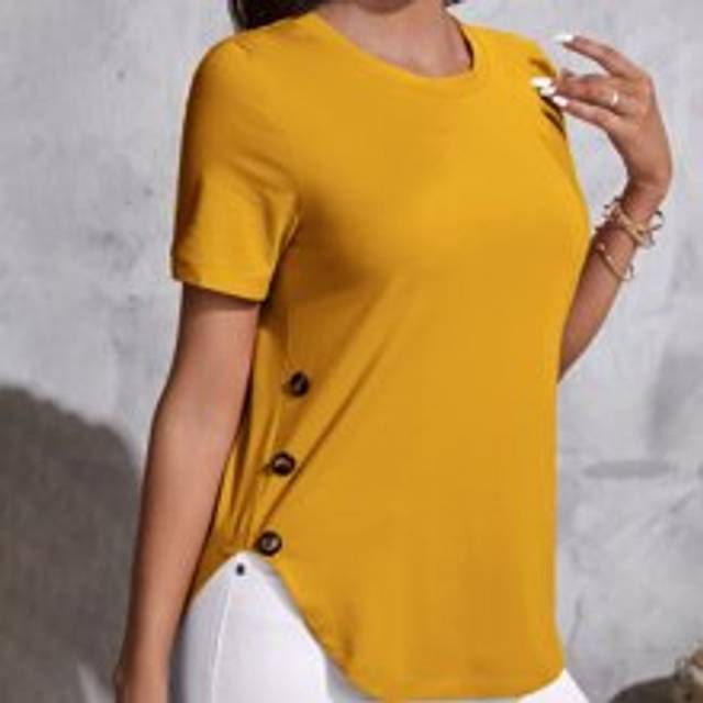 SHEIN Button Detail Curved Hem Tee