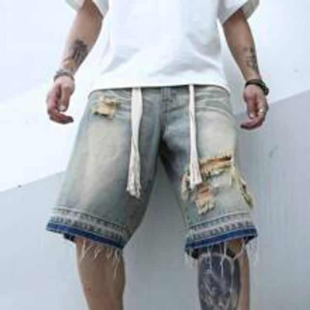 Manfinity Men Ripped Frayed Raw Hem Oversize Denim Shorts Plain Distressed Denim Jorts Baggy Party Denim Shorts, For Husband, Boyfriend Gifts