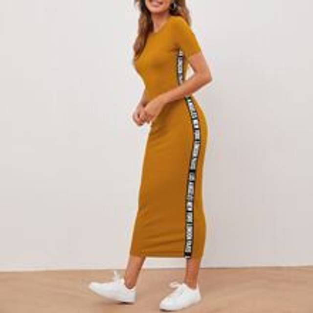 Rib-Knit Brev Sportig Klänning - Senapsgul (L,M,S,XL,XS,XXL,XXS,XXXL)