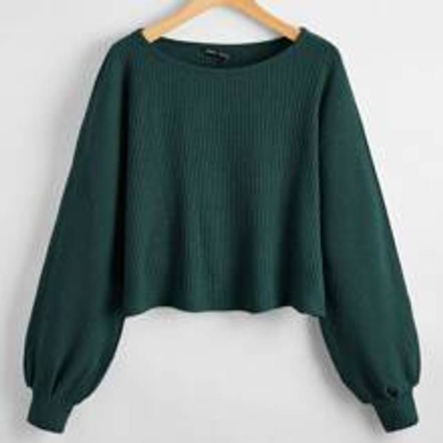SHEIN Ribbed Long Sleeve Semi-Cropped Green T-Shirt