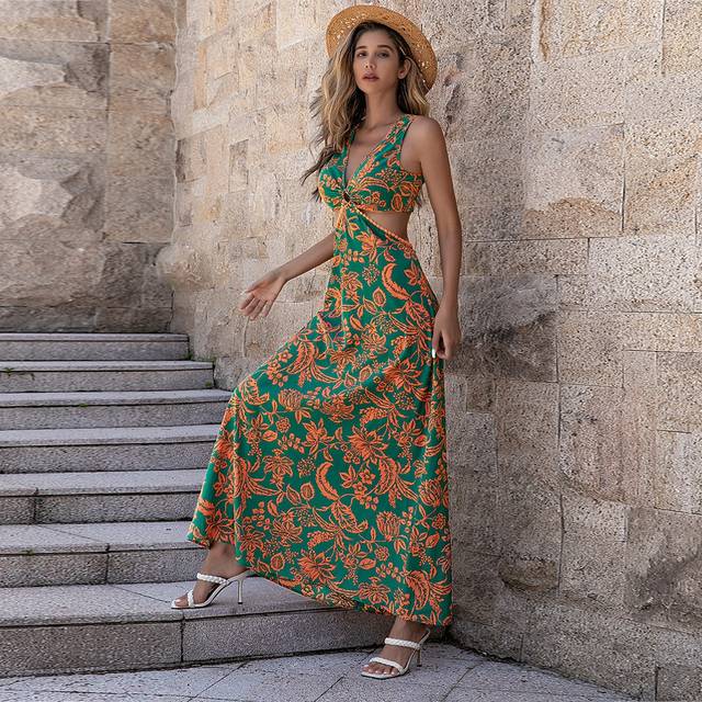 Blommönster Ring Länkad Cut Out Tie Back Maxiklänning Vacation Beach Outfits Kvinnor - Multifärgad (L,M,S,XL,XS)