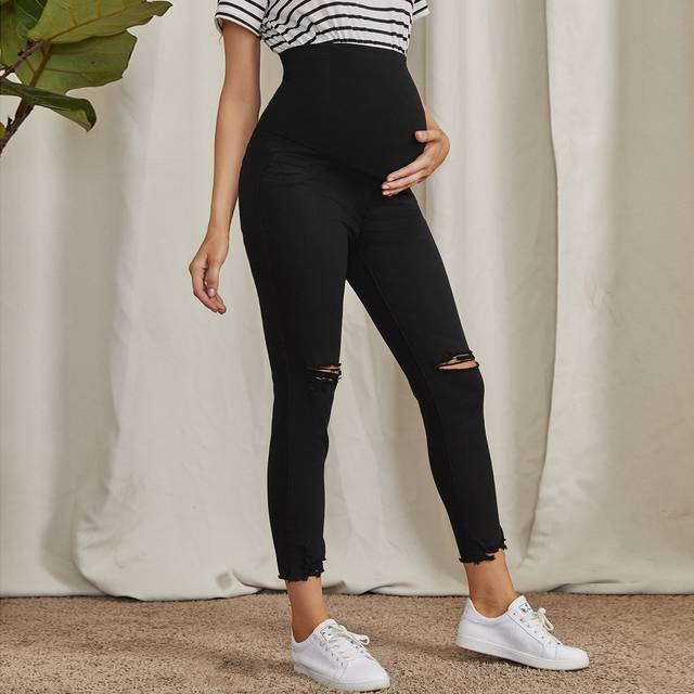 Maternity Slitna Detalj Smal Passform Jeans - Svart (L,M,S,XL,XXL)