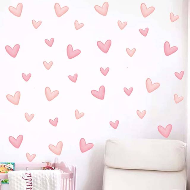 SHEIN 60pcs/Set Soft Pink Big Small Heart Shape Wall Stickers For Living Room Bedroom Kids Room Nursery Room Wall Decals Home Decor Gifts Birthday Graduatio