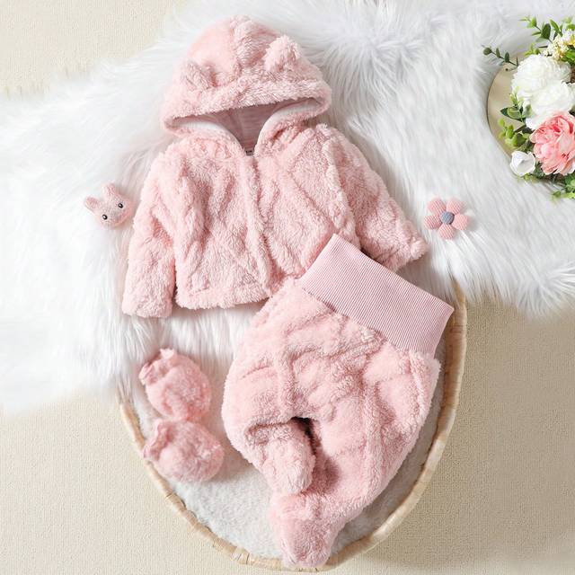 Bekväma flickor med kabelplysch djurdesign med fållad långärmad tröja och långbyxor för hemkläder - Rosa (6-9M,0-1M,1-3M,3-6M)