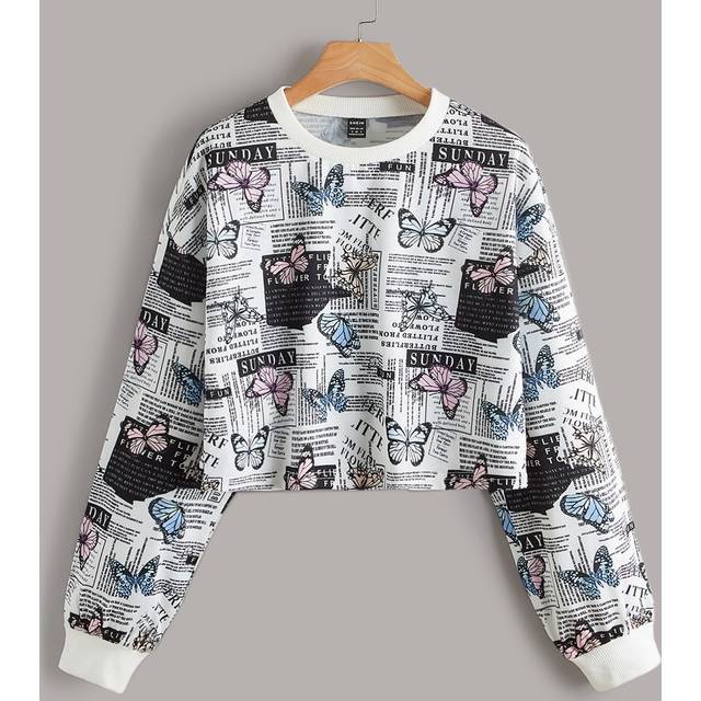 Drop Shoulder Butterfly & Slogan Pattern Crop Sweatshirt, långärmade toppar - Multifärgad (L,M,S,XL,XS,XXL,XXS,XXXL,XXXXL)