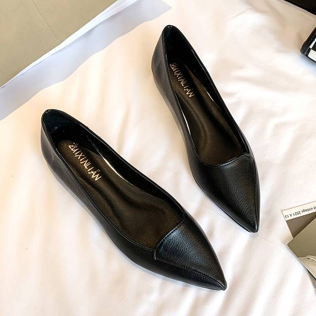Fashionabla enfärgade, platta platta skor för kvinnor, mångsidiga lediga spetsiga tår Andas Loafers för dagligt bruk - Svart (CN35,CN36,CN37,CN38,CN39,CN40,CN41,CN42,CN43)