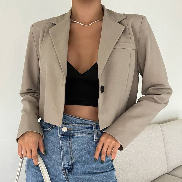 Enfärgad Kort Business Casual Blazer - Kaki (L,M,S,XL,XS)