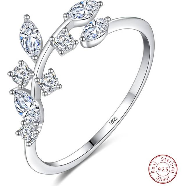 SHEIN Cubic Zirconia Leaf Decor Sterling Silver Ring Wedding Engagement Bridal Jewelry