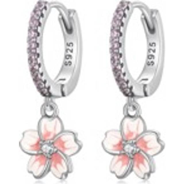 WOSTU 1pair Vintage Flower Crystal Hoop Earrings Women 925 Sterling Silver Pink Cherry Blossoms Drop Earring Wedding Statement Earrings Valentines