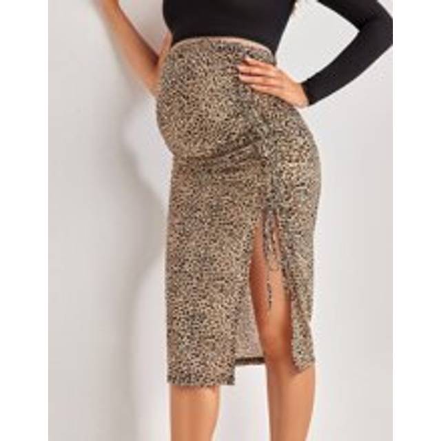 SHEIN Maternity Leopard Print Drawstring Ruched Split Thigh Skirt