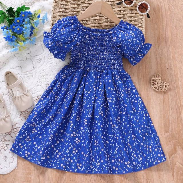 SHEIN Young Girl Summer Holiday Ditsy Floral Dress With Square Neckline, Short Bubble Sleeves, Gathered Waist And A-Line Dress, Suitable For Vacation And Da
