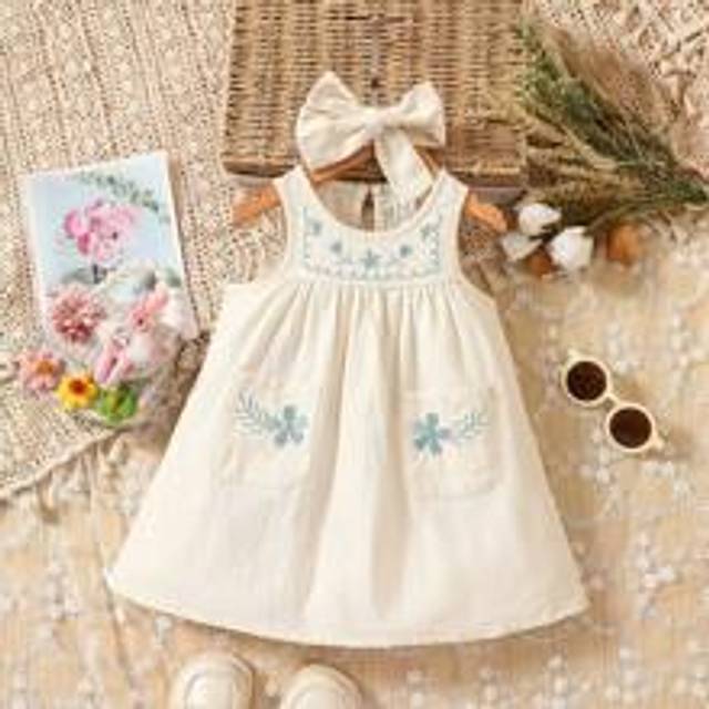 SHEIN Baby Girl Floral Embroidery Dual Pocket Dress With Headband