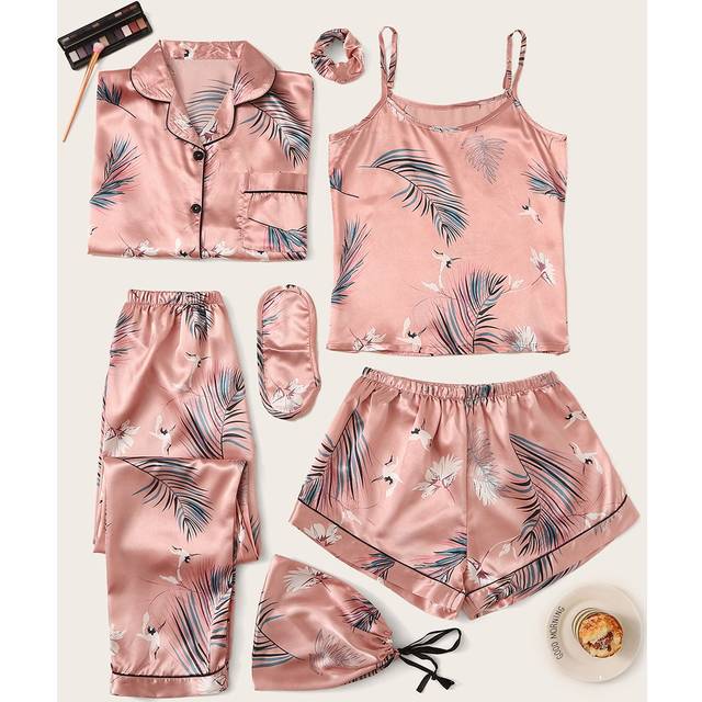 7st Trana & Tropisk Tryckt Satin Pyjamasset - Korallrosa (L,M,S,XL,XS)