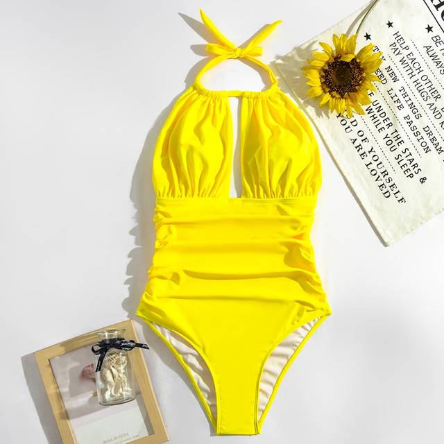 Ruched Halter One Piece Baddräkt - Gul (L,M,S,XL)