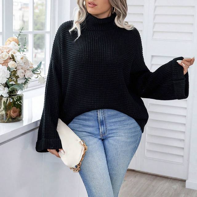 Calvaya Plus Turtleneck Drop Shoulder Waffle Knit Sweater, For Winter