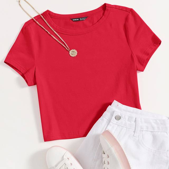 SHEIN Summer Cap Sleeve Solid Bright Red Crop Short Sleeves Fit Base Tee