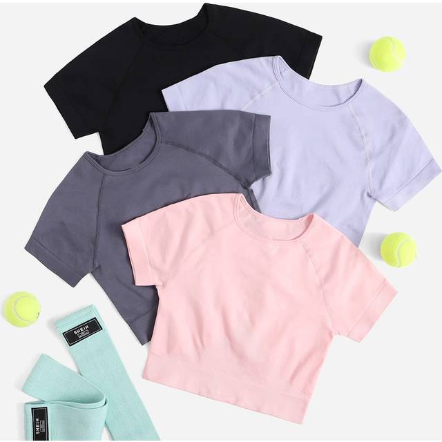 SHEIN 4pcs Solid Raglan Sleeve Crop Sports Tee Gym Top Fitted Shirtworkout Tank Top