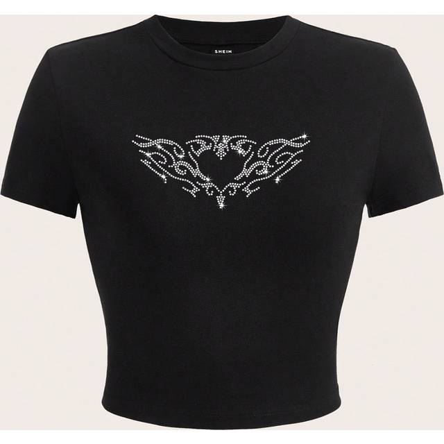 SHEIN Casual Rhinestone Graphic Round Neck Short Sleeve Fitted Women T-Shirt, Suitable For Summer