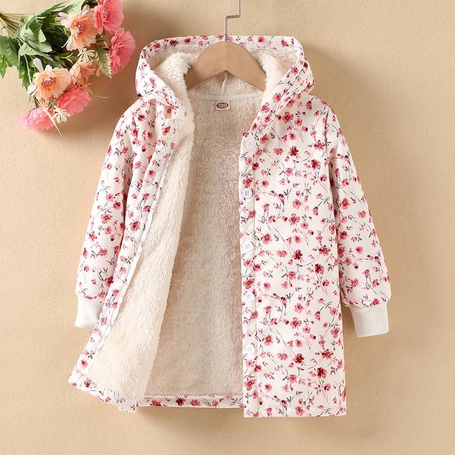 SHEIN Young Girl Floral Print Teddy Lined Hooded Coat