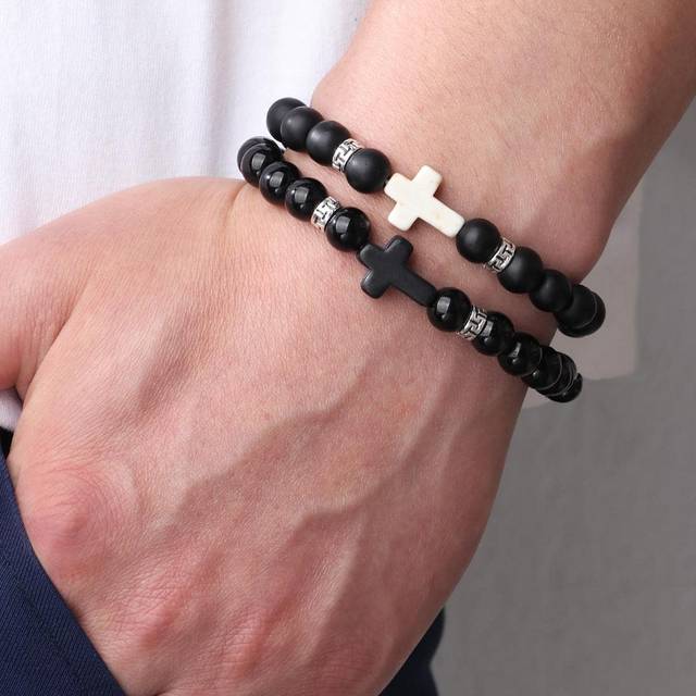 2st/set Herr Kors Dekor Armband med Pärlor , För Smycke Presenter Och Party - Svart (En-Storlek)