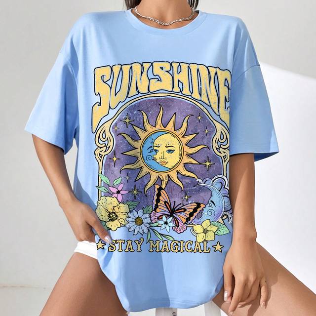 SHEIN Casual Simple Cartoon Letter Print Short Sleeve Round Neck Oversized Women T-Shirt, Suitable For Summer SUNSHINE STAY MAGICAL