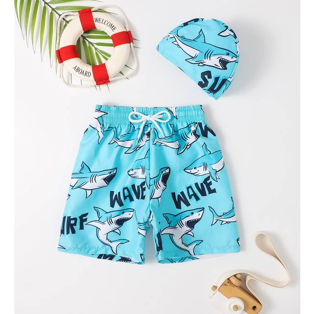 Ung pojke Haj Tryck Badshorts Med Badmössa - Babyblå (6Y,7Y,4Y,5Y)