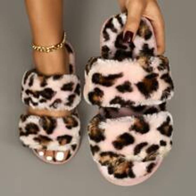 Fashion Plus Size Dam Leopard Fluffy Slide Tofflor, Criss Cross Furry Tofflor för höst/vinter 2024 - Multifärgad (EUR36-37,EUR38-39,EUR40-41,EUR42-43)